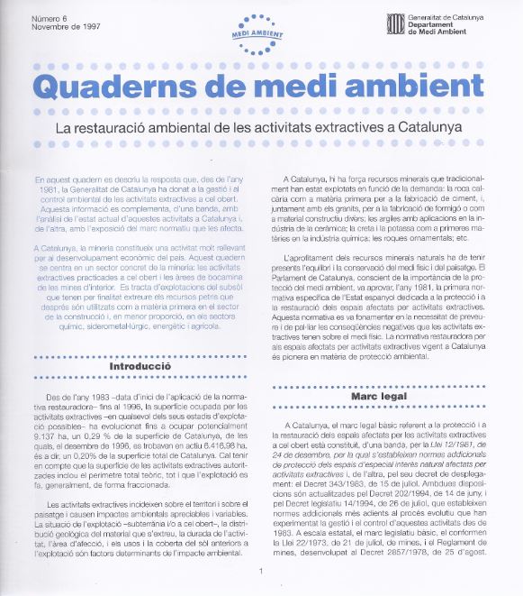 Quaderns de Medi Ambient, núm. 6. La restauració ambiental de les activitats extractives a Catalunya