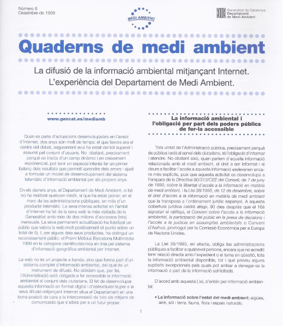 Quaderns de Medi Ambient, núm. 8, desembre 1999. La difusió de la informació ambiental mitjançant Internet